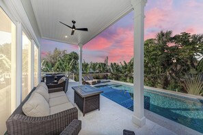 Covered pool patio with fan