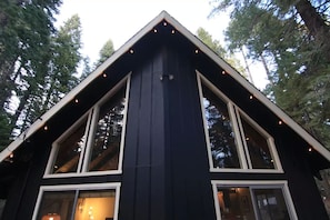 Cafe lights along the A-frame roof