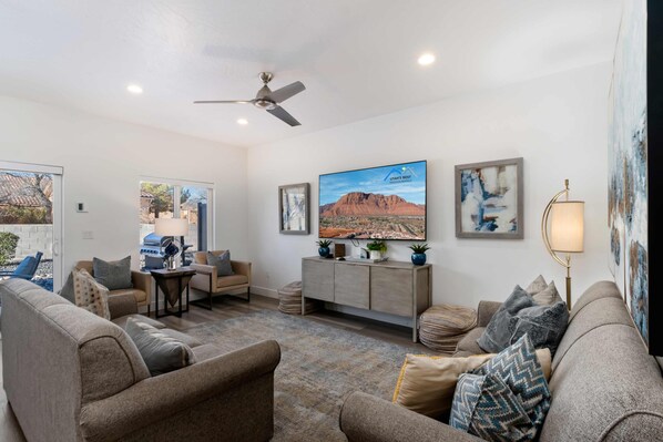 Spacious open family room with stylish gem stone design