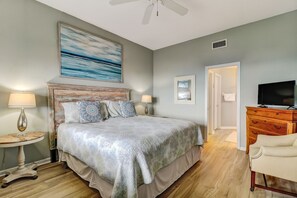 Master Bedroom Featuring Breathtaking Ocean Views, a Large Desk Area, and a Flat Screen Smart TV (King Bed)