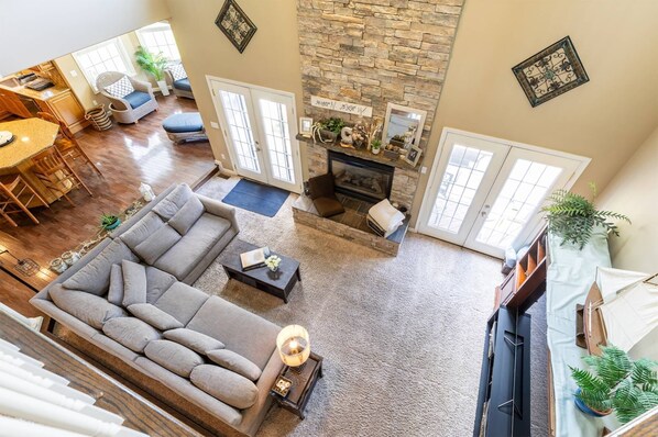 View from the 2nd floor balcony into the living room.