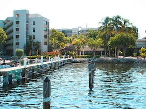 view of condo complex from the docks