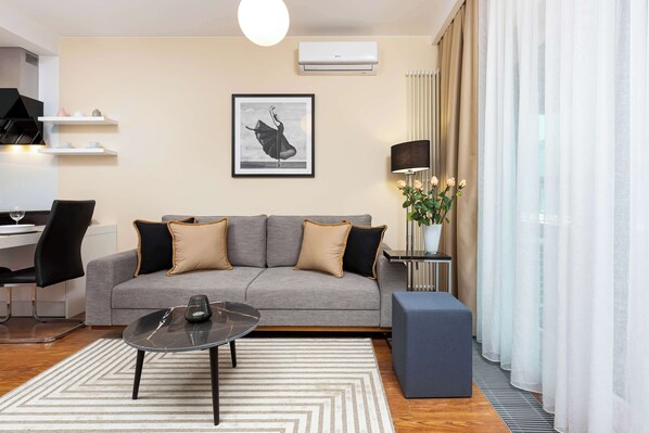 Living room with double sofa bed.