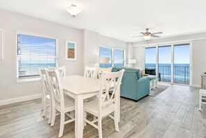 Enjoy your own private space with tons of seating at this dining table