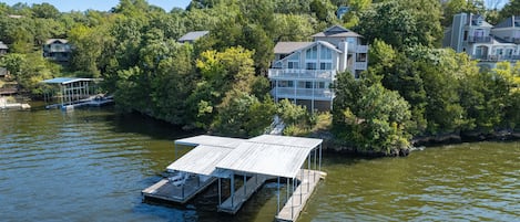 Aerial View of the boat docks and back patio.