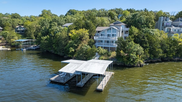 Aerial View of the boat docks and back patio.