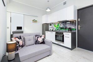 The vibrant living area featuring a comfortable double sofa bed.