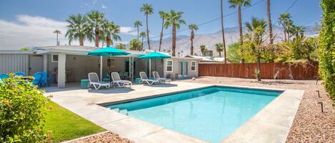 Beautiful backyard with a refreshing pool, lounge chairs, appliances, and more!