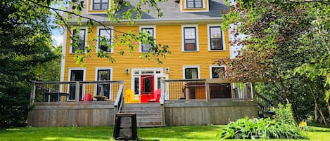 Front of the cottage, this faces the pond with a large deck and hot tub