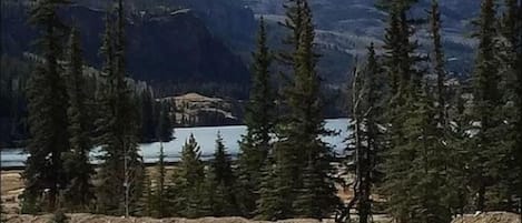 View of mountains, lake and river from the front of condo