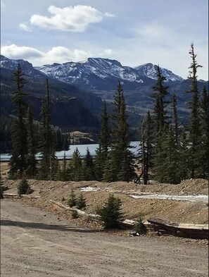 View of mountains, lake and river from the front of condo