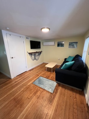 Living room, with Mini split, to the right of the TV, for A/C and heat