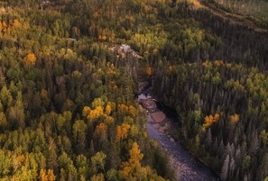 Overhead view of Baptism River and the Lodge