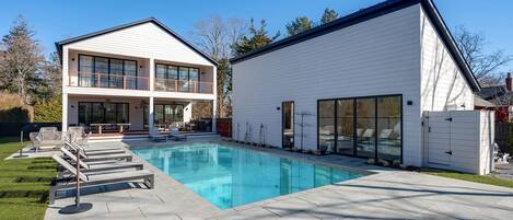 Pool Pavilion heated pool pool house chaise lounge, covered porch, fire pit