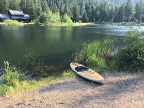 The lake is 20 feet from the back entrance and lakeside porches.