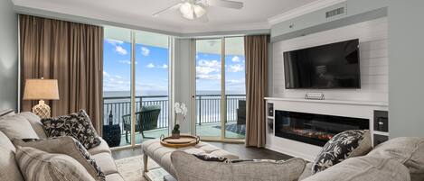 Beautiful ocean front living room with comfortable new furniture