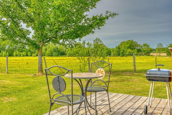 Side porch with table and grill