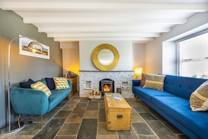 Living room with wood burning stove