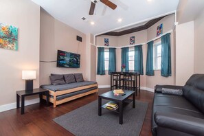 Living room, ROKU TV, two twin ikea stacker beds