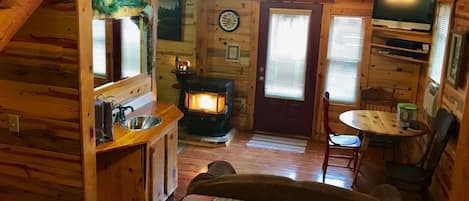 Main floor, pellet stove, queen bed