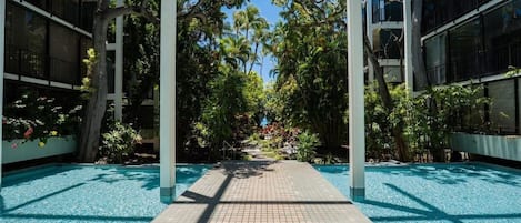 Enchanting garden and pond at the complex. 