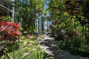 Garden oasis within the complex.