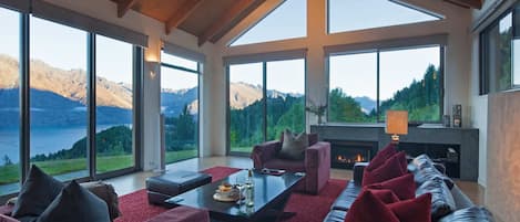 Incredible views from the living area with a roaring fireplace
