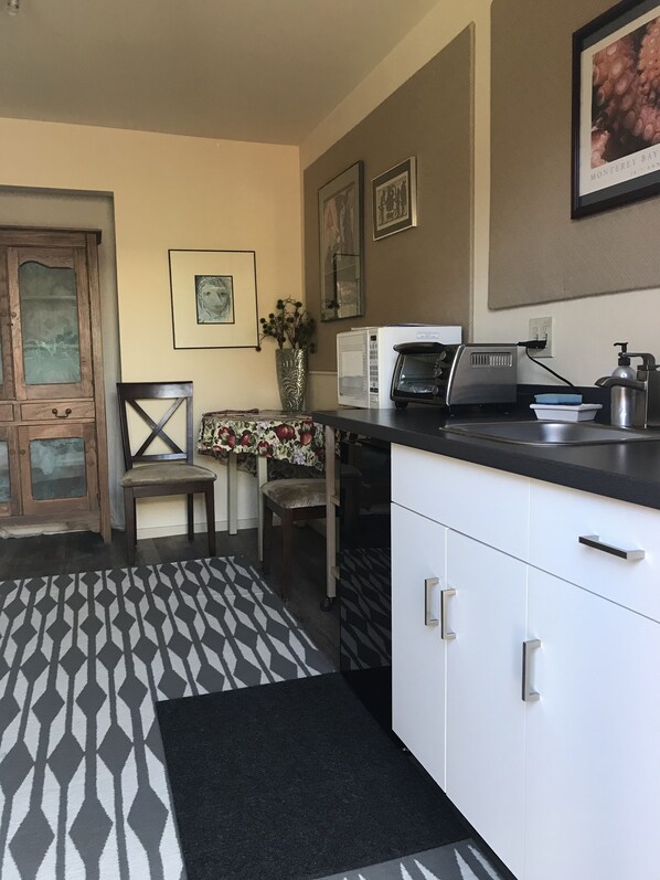 Kitchenette, two burner induction hotplate, toaster oven, microwave, & fridge.