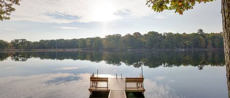 Amazing lakefront with a large private dock with sitting area, great fishing and boating. 35 acre lake