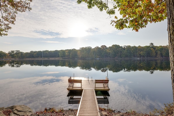 Amazing lakefront with a large private dock with sitting area, great for fishing