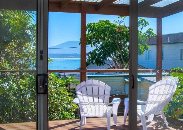 Balcony overlooking the bay and Gulaga