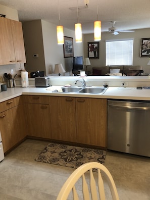 Kitchen = New Dishwasher & Large Fridge. On Counter is a Microwave then an Oven.