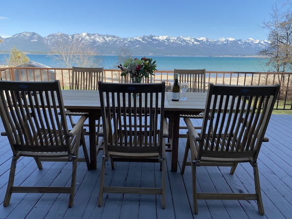 Deck with Mission Mountain views. Lakeside dining space. 