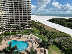 View of the pool and beach from 909 Lanai.  The perfect height!