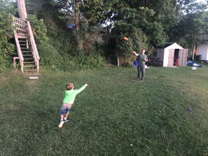 Large yard for games. The stairs lead to roadside cottage. 