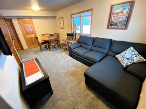 Sofa that can convert into an extra bed.  TV and Amazon Firestick.
