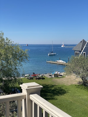 View of the straights of Mackinac from balcony. 