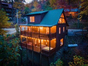 Back view of the Cabin all lit up