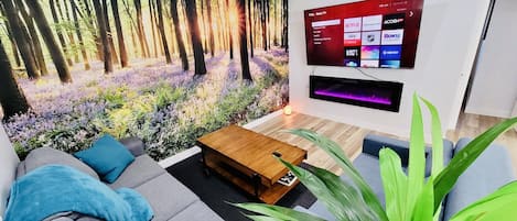 Beautiful living room with 65 inch smart TV and cozy fire place. 