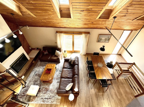 Large chalet style living and dining room. 