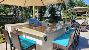 Outdoor kitchen and bar with music and lighting