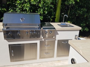 Outdoor Kitchen with propane grill, stovetop burners, fridge and sink