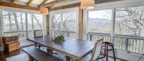 Large Farmhouse Table with bench seating and a big view!