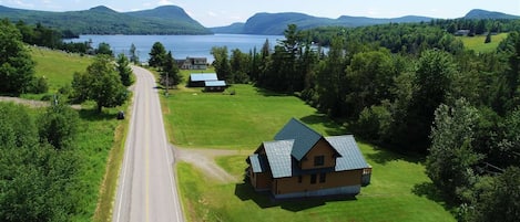 Bird's eye view of the house and Lake Willoughby