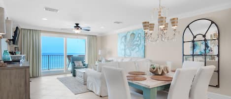 Dining area to living room views at Crystal Dunes 304