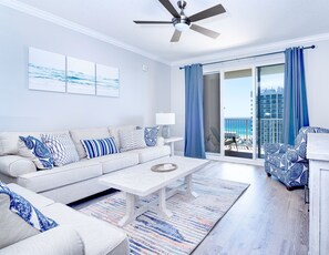 Ocean views and balcony access from living room