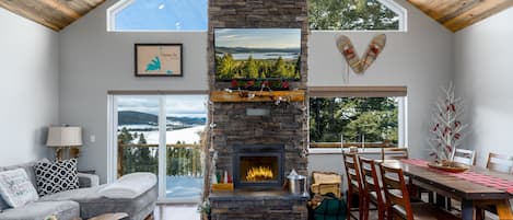 Warm up by the fireplace after a day of skiing, watch a movie, or enjoy the view