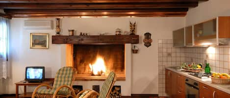 Living room with fireplace and kitchenette