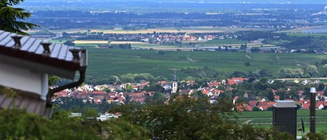 Blick vom Balkon über Kirchheim, die Rheinebene bis in den Odenwald