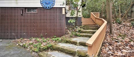 extra-wide stairs lead to side entrance off driveway 